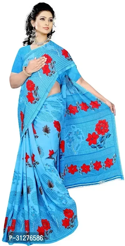 Stylish Georgette Blue Printed Saree with Blouse Piece For Women-thumb0