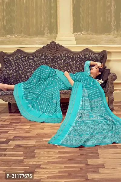 Stylish Cotton Blend Turquoise Printed Saree with Blouse piece For Women-thumb0