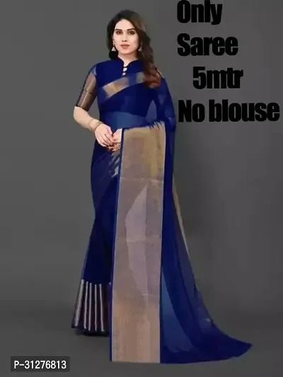 Stylish Chiffon Navy Blue Solid Saree without Blouse Piece For Women-thumb0