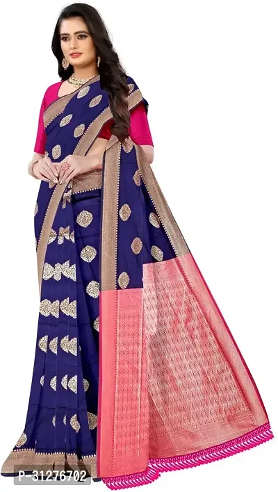 Stylish Silk Blend Navy Blue Woven Design Saree with Blouse Piece For Women-thumb0