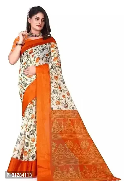 Stylish Cotton Orange Printed Saree with Blouse Piece For Women-thumb0