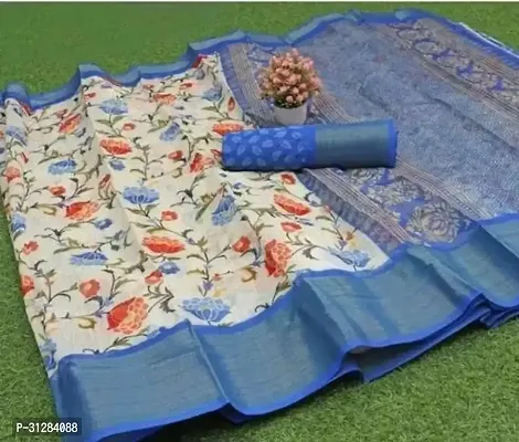 Stylish Cotton Blue Printed Saree with Blouse Piece For Women-thumb0