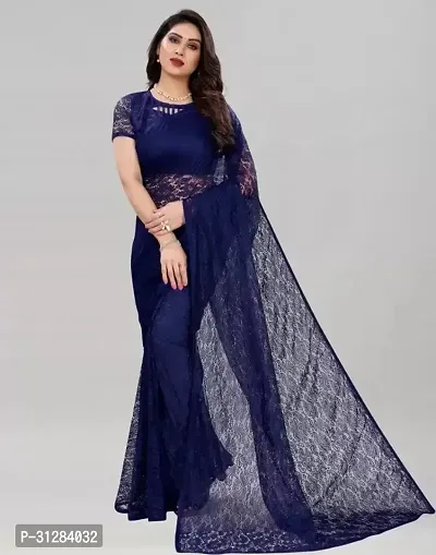 Stylish Net Navy Blue Self Pattern Saree with Blouse Piece For Women-thumb0