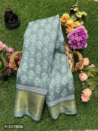 Stylish Cotton Blend Green Printed Saree with Blouse piece For Women-thumb0