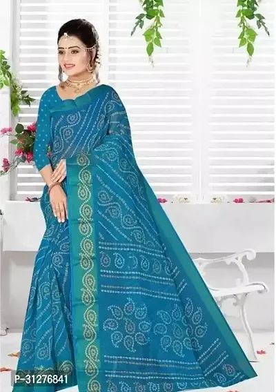 Stylish Cotton Blue Printed Saree with Blouse Piece For Women-thumb0