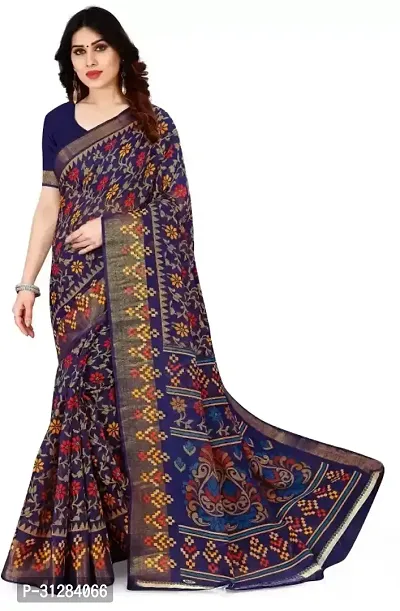 Stylish Cotton Navy Blue Printed Saree with Blouse Piece For Women-thumb0