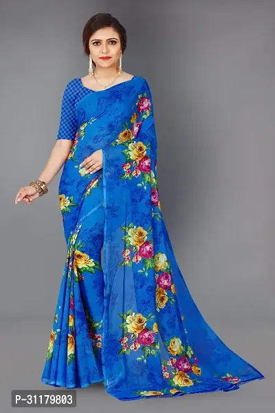 Elegant Blue Georgette Saree with Blouse piece For Women-thumb0