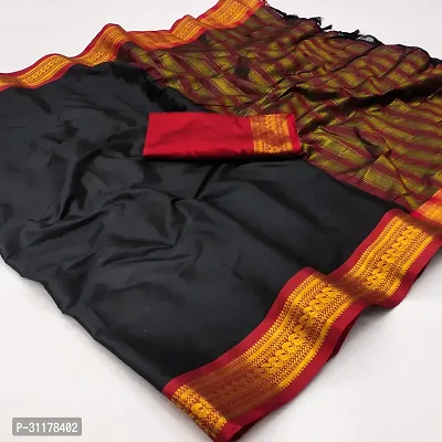 Stylish Cotton Silk Black Jacquard Saree with Blouse piece For Women-thumb0