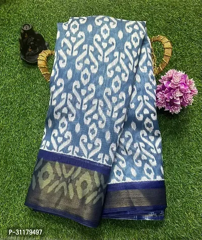 Elegant Blue Cotton Blend Saree with Blouse piece For Women-thumb0