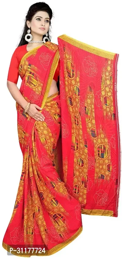 Stylish Georgette Red Printed Saree with Blouse piece For Women-thumb0