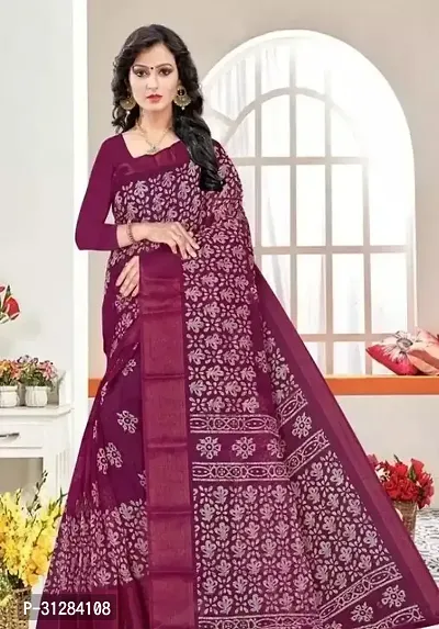 Stylish Cotton Purple Printed Saree with Blouse Piece For Women