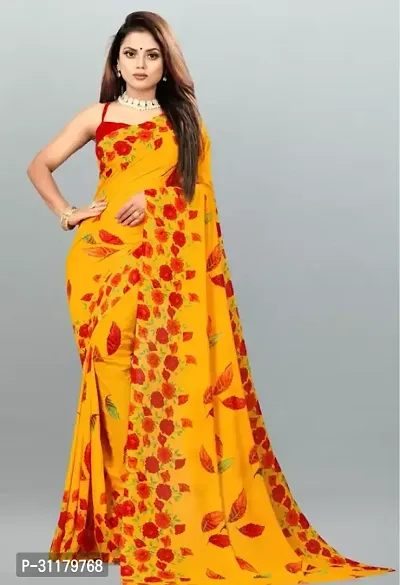 Elegant Yellow Georgette Saree with Blouse piece For Women-thumb0