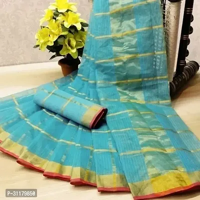 Elegant Turquoise Cotton Blend Saree with Blouse piece For Women-thumb0