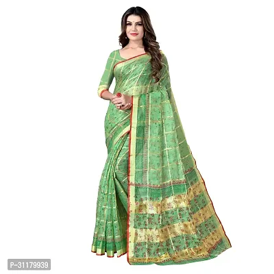 Elegant Green Cotton Blend Saree with Blouse piece For Women-thumb0