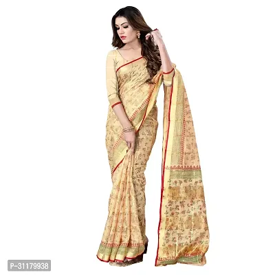 Elegant Beige Cotton Blend Saree with Blouse piece For Women-thumb0