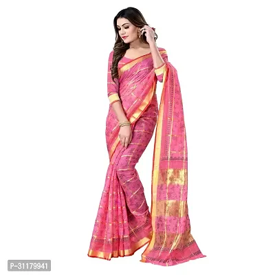 Elegant Pink Cotton Blend Saree with Blouse piece For Women