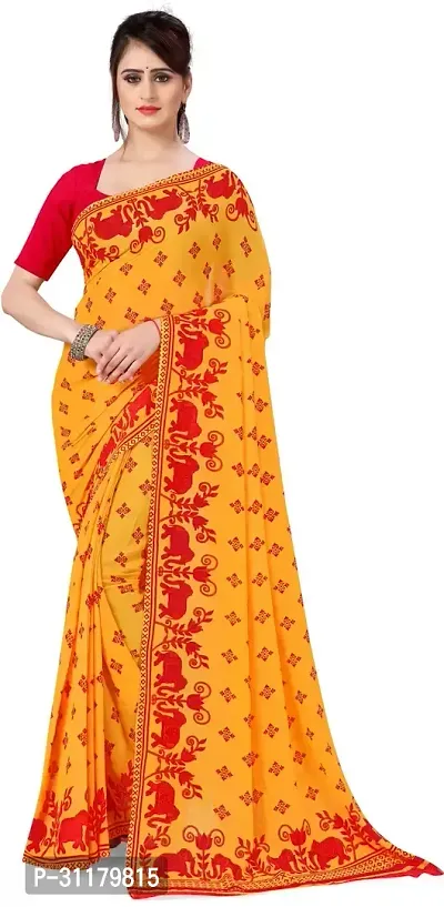 Elegant Yellow Georgette Saree with Blouse piece For Women-thumb0