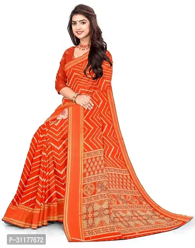 Stylish Cotton Blend Orange Printed Saree with Blouse piece For Women