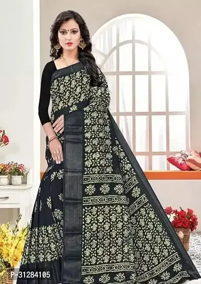 Stylish Cotton Black Printed Saree with Blouse Piece For Women-thumb0