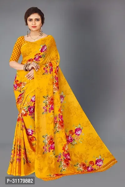 Elegant Yellow Georgette Saree with Blouse piece For Women-thumb0