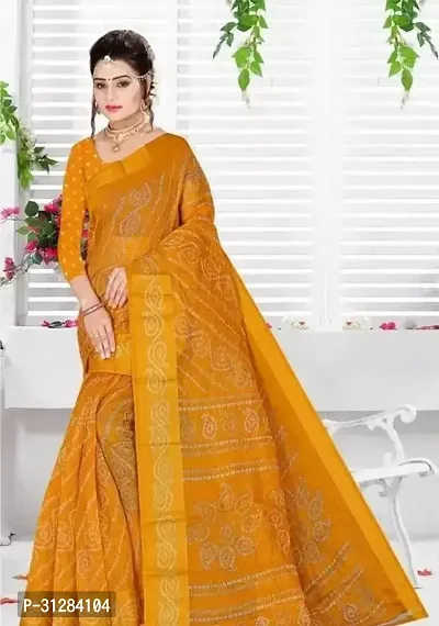 Stylish Cotton Yellow Printed Saree with Blouse Piece For Women-thumb0