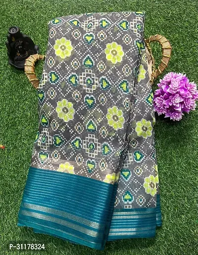 Stylish Cotton Blend Grey Printed Saree with Blouse piece For Women-thumb0