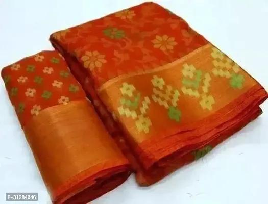 Stylish Cotton Orange Printed Saree with Blouse Piece For Women-thumb0