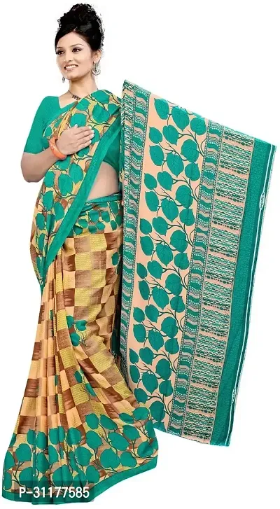 Stylish Chiffon Green Printed Saree with Blouse piece For Women-thumb0