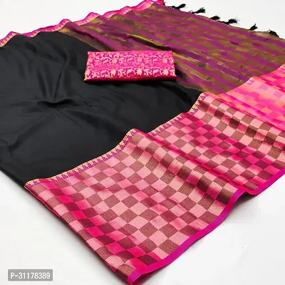 Stylish Cotton Silk Black Jacquard Saree with Blouse piece For Women-thumb0