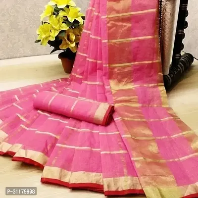 Elegant Pink Cotton Blend Saree with Blouse piece For Women-thumb0