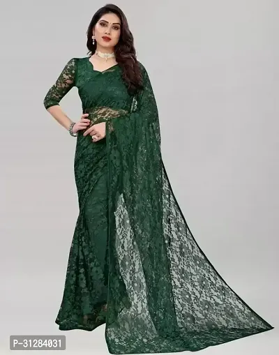 Stylish Net Green Self Pattern Saree with Blouse Piece For Women-thumb0