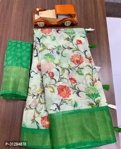 Stylish Cotton Green Printed Saree with Blouse Piece For Women-thumb0