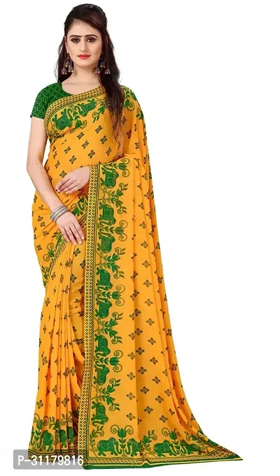 Elegant Yellow Georgette Saree with Blouse piece For Women-thumb0