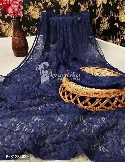 Stylish Net Navy Blue Self Pattern Saree with Blouse Piece For Women-thumb0