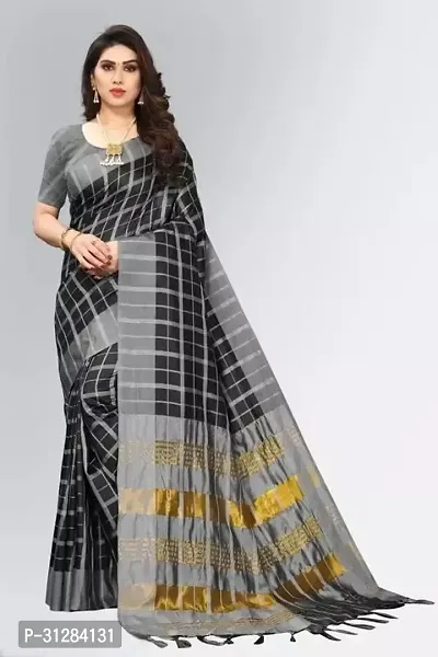 Stylish Cotton Black Checked Saree with Blouse Piece For Women-thumb0