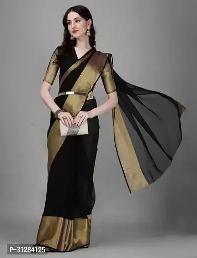 Stylish Chiffon Black Zari Saree with Blouse Piece For Women-thumb0