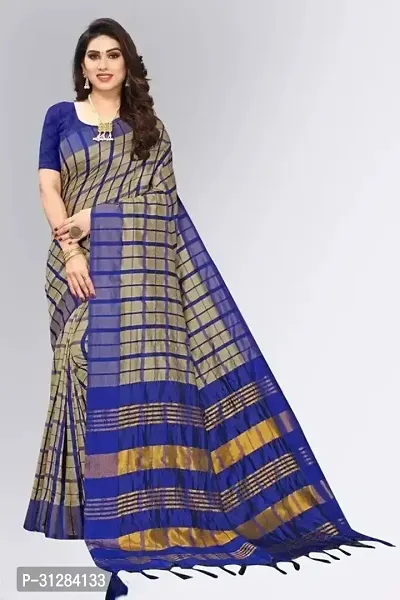 Stylish Cotton Blue Checked Saree with Blouse Piece For Women-thumb0