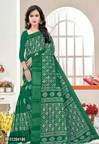 Stylish Cotton Green Printed Saree with Blouse Piece For Women-thumb0