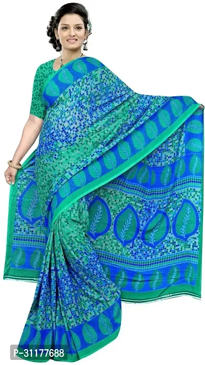 Stylish Georgette Sea Green Printed Saree with Blouse piece For Women-thumb0