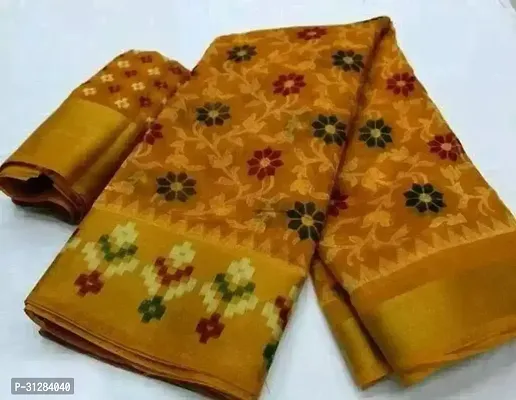 Stylish Cotton Yellow Printed Saree with Blouse Piece For Women-thumb0