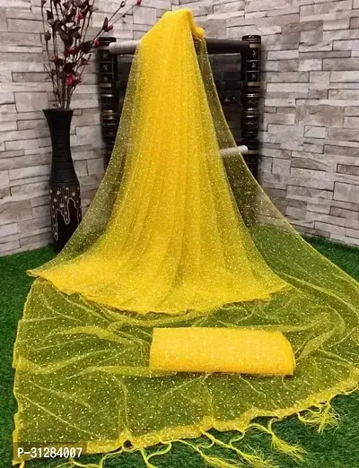 Stylish Net Yellow Self Pattern Saree with Blouse Piece For Women-thumb0