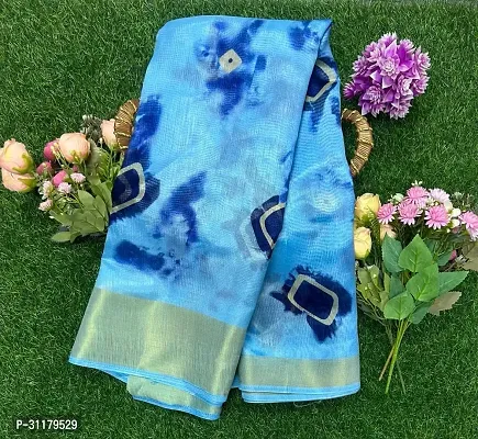 Elegant Blue Cotton Blend Saree with Blouse piece For Women-thumb0