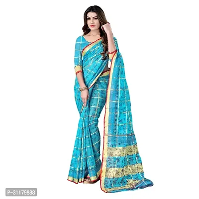 Elegant Blue Cotton Blend Saree with Blouse piece For Women-thumb0