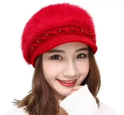 Alexvyan Imported Wool Women Winter Cap Woolen Knitted Warm Hat (Fur Inside) Hats for Ladies Beanie Girls Skullies Caps (Red)