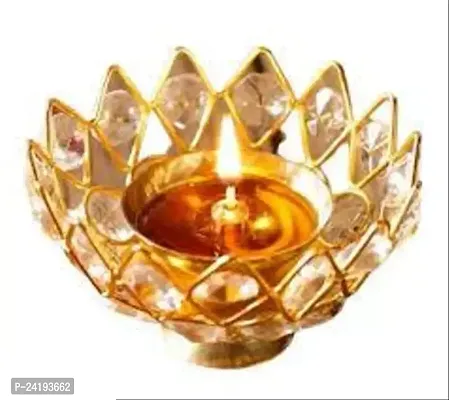 Crystal Round Brass Small Kamal Deep Jyoti Oil Lamp (Golden)