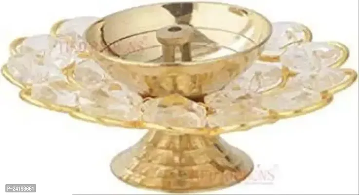 Crystal Round Brass Small Kamal Deep Jyoti Oil Lamp (Golden)