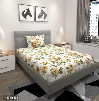 GACHDECOR All Around Elastic Fitted Single Bed Size Bedsheet with 1 Pillow Cover Fits Upto Mattress of 8 Inches, Size - 36 x 72 x 8 Inches- (Multi-Flower) (Golden-Flower)