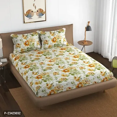 Decoreza 210 TC Elastic Fitted King Size Glace Cotton Double Bedsheet with 2 Pillow Covers, Size- 72 inch x 78 inch, Gold Floral
