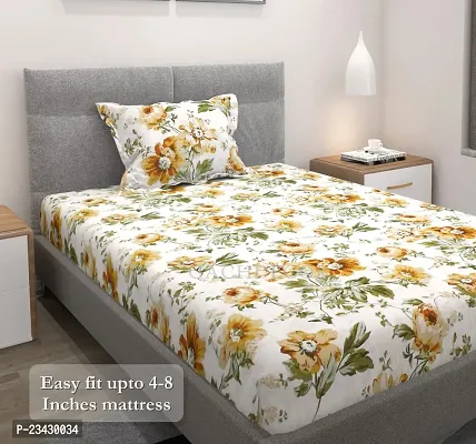 GACHDECOR All Around Elastic Fitted Single Bed Size Bedsheet with 1 Pillow Cover Fits Upto Mattress of 8 Inches, Size - 36 x 72 x 8 Inches- (Multi-Flower) (Golden-Flower)-thumb3