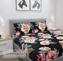 GACHDECOR Cotton All Around Elastic Fitted Queen Size Double Bed Bedsheet With 2 Large Pillow Covers Fits Upto Mattress Of 8 Inches,Size - 60 X 78 X 8 Inches- Black Flower-thumb2